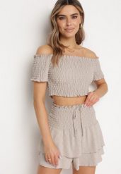 Beżowy Komplet Top w Stylu Hiszpanki i Spódnico-Szorty z Gumką Quillatta. Brązowe szorty damskie Born2be, z aplikacjami. Za 44.99 zł.