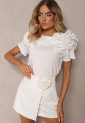 Biały T-shirt z Bawełny Ozdobiony Bufiastymi Falbankami Kandrra. Białe t-shirty damskie Renee, l, bez wzorów, z bawełny, bez kołnierzyka. Za 79.99 zł.