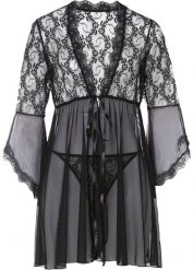 Szlafrok kimono + stringi (kompl. 2-częściowy). Czarne szlafroki damskie bonprix, bez wzorów. Za 127.99 zł.