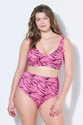 Damskie Bikini dwuczęściowe kolorowy wzór w zebrę drapowanie na biuście. Czerwone bikini damskie Ulla Popken, bez wzorów, plus size. Za 139.99 zł.