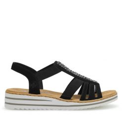 Sandały Rieker. Czarne sandały damskie Rieker, bez wzorów, bez obcasa, na płaskiej podeszwie. Za 299.99 zł.