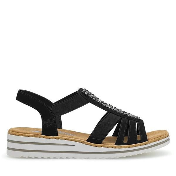 Sandały Rieker. Czarne sandały damskie Rieker, bez wzorów, bez obcasa, na płaskiej podeszwie. Za 299.99 zł.