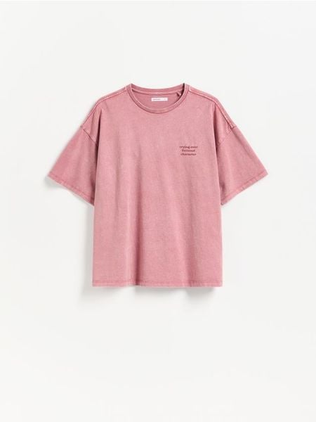 Bawełniany t-shirt z napisem - bordowy. Czerwone t-shirty damskie Reserved, l, bez wzorów, z bawełny, bez kołnierzyka. Za 59.99 zł.
