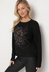 Czarny Sweter Ozdobiony Haftowanym Wzorem Inadrea. Czarne swetry klasyczne damskie Born2be, z jeansu, bez kołnierzyka. Za 159.99 zł.