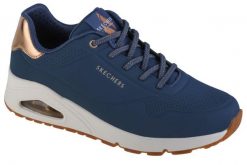 Buty sportowe Sneakersy damskie, Uno-Shimmer Away. Niebieskie buty sportowe na co dzień damskie Skechers, bez wzorów, z materiału, trekkingowe. Za 279.99 zł.