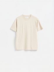T-shirt regular z bawełny - beżowy. Brązowe t-shirty męskie Reserved, l, bez wzorów, z bawełny, bez kołnierzyka. Za 49.99 zł.