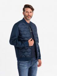 Kurtka męska bomberka z pikowanym wzorem – granatowa V2 OM-JALP-0141 - XXL. Niebieskie kurtki męskie Ombre Clothing, l, z aplikacjami, z materiału, eleganckie, bez kaptura. W wyprzedaży za 139.99 zł.