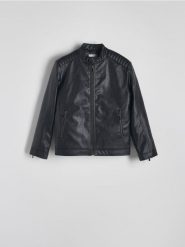 Kurtka biker z imitacji skóry - czarny. Czarne kurtki męskie Reserved, l, bez wzorów, ze skóry, bez kaptura. W wyprzedaży za 139.99 zł.