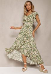 Ciemnozielona Sukienka Boho z Gumką w Pasie i Asymetrycznym Dołem z Wiskozy Anorissa. Zielone sukienki damskie Renee, l, bez wzorów, z wiskozy, boho, z asymetrycznym kołnierzem, bez ramiączek, maxi, asymetryczne. W wyprzedaży za 79.99 zł.