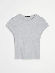Bawełniana prążkowana koszulka z krótkim rękawem - szary. Szare t-shirty damskie Sinsay, l, bez wzorów, z bawełny, bez kołnierzyka. Za 19.99 zł.