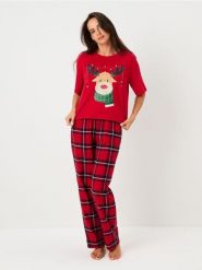 Świąteczna piżama dwuczęściowa z nadrukiem renifera - czerwony. Czerwone piżamy damskie Sinsay, l, bez wzorów, bez ramiączek. Za 59.99 zł.