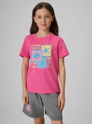 4F T-shirt regular z nadrukiem dziewczęcy - różowy 146 (10-11 lat). Czerwone koszulki dziewczęce 4f, bez wzorów, z bawełny, bez ramiączek. Za 39.99 zł.