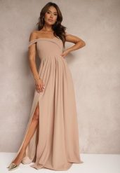 Ciemnobeżowa Elegancka Długa Sukienka Hiszpanka Wykończona Rozcięciem na Dole Idelia. Brązowe sukienki damskie Renee, na imprezę, l, bez wzorów, eleganckie, bez kołnierzyka, bez ramiączek, maxi. Za 159.99 zł.