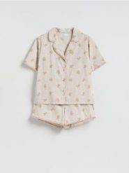 Popelinowa piżama z misiem - kremowy. Białe piżamy damskie Reserved, l, bez wzorów, z bawełny, bez ramiączek. Za 129.99 zł.