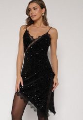 Czarna Sukienka o Asymetrycznym Kroju z Cekinami i Koronką Eldafera. Czarne sukienki damskie Born2be, na imprezę, l, z aplikacjami, z jeansu, eleganckie, z asymetrycznym kołnierzem, bez ramiączek, asymetryczne. Za 159.99 zł.
