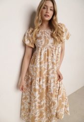 Beżowa Rozkloszowana Sukienka z Wiskozy z Bufiastymi Rękawami w Roślinny Wzór Semea. Brązowe sukienki damskie Born2be, do pracy, bez wzorów, z materiału, biznesowe, bez kołnierzyka, bez ramiączek, maxi, proste. Za 89.99 zł.