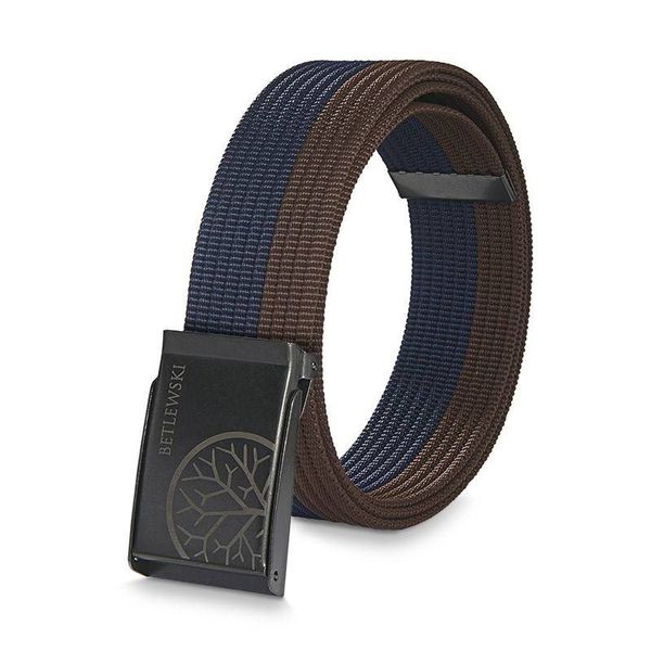 Pasek parciany BETLEWSKI PRC-10_GR-3 L brązowo-granatowy. Brązowe paski męskie Betlewski, bez wzorów, z materiału. Za 34.99 zł.