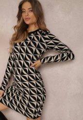 Czarno-Beżowa Sukienka Dzianinowa w Geometryczny Wzór Chlaria. Czarne sukienki damskie Renee, m, bez wzorów, z dzianiny, eleganckie, bez kołnierzyka, bez ramiączek, mini, dopasowane. W wyprzedaży za 83.99 zł.
