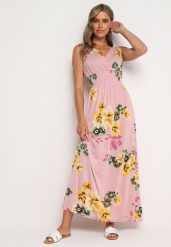 Różowa Rozkloszowana Sukienka w Kwiaty z Wiązaniami na Ramionach Saloa. Czerwone sukienki damskie Born2be, na co dzień, m, z aplikacjami, z jeansu, eleganckie, bez kołnierzyka, bez ramiączek, maxi, proste. W wyprzedaży za 31.99 zł.