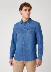 MĘSKA KOSZULA JEANSOWA WRANGLER 27MW 2YEAR W5MSLW922 112130247. Białe koszule męskie Wrangler, m, bez wzorów, z bawełny, bez kołnierzyka, bez ramiączek. Za 159.99 zł.