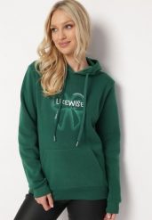 Zielona Polarowa Bluza z Kapturem i Ściągaczami Ozdobiona Nadrukiem Mleza. Zielone bluzy z kapturem damskie Born2be, m, z polaru. Za 84.99 zł.