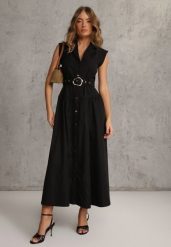 Czarna Sukienka Koszulowa Bez Rękawów z Paskiem i Metaliczną Klamrą Thespiphia. Czarne sukienki damskie Renee, na co dzień, m, bez wzorów, bez kołnierzyka, bez ramiączek, maxi, koszulowe. Za 189.99 zł.