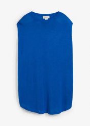 Zwężany ku dołowi top dzianinowy z delikatnej wiskozy. Niebieskie topy damskie bonprix, bez wzorów, z dzianiny, bez kołnierzyka. Za 32.99 zł.