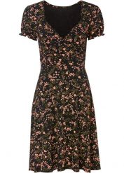 Sukienka z dżerseju z nadrukiem. Czarne sukienki damskie bonprix, bez wzorów, z dżerseju, bez kołnierzyka, bez ramiączek. Za 139.99 zł.