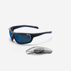 Okulary rowerowe Van Rysel Perf 100 Pack wymienne szkła kat. 0 i 3. Niebieskie okulary przeciwsłoneczne męskie Decathlon, z gumy. Za 79.99 zł.