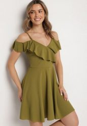 Jasnozielona Sukienka Rozkloszowana na Ramiączkach z Falbankami Polauri. Zielone sukienki damskie Born2be, na co dzień, l, bez wzorów, eleganckie, bez kołnierzyka, bez ramiączek, mini, rozkloszowane. W wyprzedaży za 79.99 zł.