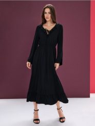 Sukienka midi z falbanami i wiązaniem przy dekolcie - czarny. Czarne sukienki damskie Sinsay, na imprezę, l, bez wzorów, bez kołnierzyka, bez ramiączek, midi. Za 59.99 zł.