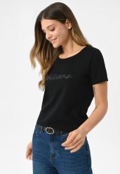 Bawełniana koszulka T-PARSLEY. Czarne t-shirty damskie Volcano, l, z aplikacjami, z bawełny, bez kołnierzyka. Za 69.99 zł.