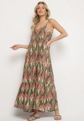 Zielono-Różowa Sukienka o Rozkloszowanym Kroju Boho na Cienkich Ramiączkach Tosave. Zielone sukienki damskie Born2be, na co dzień, na lato, l, z aplikacjami, boho, bez kołnierzyka, bez ramiączek, midi, proste. W wyprzedaży za 63.99 zł.