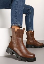Brązowe Skórzane Płaskie Botki Ozdobione Wycięciem Emmiera. Brązowe botki damskie Born2be, ze skóry, eleganckie, bez obcasa, na obcasie, bez zapięcia. Za 189.99 zł.