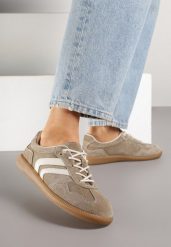 Ciemnobeżowe Sneakersy Tenisówki ze Skórzaną Wkładką Ozdobione Paskami Melioressa. Brązowe trampki i tenisówki damskie Renee, bez wzorów, z jeansu. Za 169.99 zł.