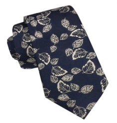 Elegancki Męski Krawat - Alties - Granatowy w Jasnopopielate Listki. Niebieskie krawaty i muchy męskie Alties, bez wzorów, z tkaniny, eleganckie. Za 49.00 zł.