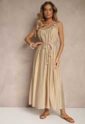 Beżowa Wiskozowa Sukienka Boho na Wiązanych Ramiączkach z Paskiem z Plecionki Miratera. Brązowe sukienki damskie Renee, na co dzień, m, bez wzorów, z materiału, boho, bez kołnierzyka, bez ramiączek, maxi. W wyprzedaży za 111.99 zł.