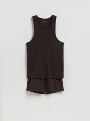 Dwuczęściowa piżama z bawełny - ciemnobrązowy. Brązowe piżamy męskie Reserved, l, bez wzorów, z bawełny, bez ramiączek. Za 89.99 zł.