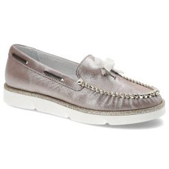 Mokasyny damskie Simen, wsuwane ze miękkiej naturalnej skóry licowej, pudrowe metaliczne, 750-Mell-Pudr-Metalik-Liv-13018. Czerwone mokasyny damskie Simen, z nubiku. Za 209.00 zł.