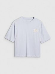 4F T-shirt oversize z nadrukiem damski - niebieski M. Niebieskie t-shirty damskie 4f, m, bez wzorów, z bawełny, bez kołnierzyka. W wyprzedaży za 39.99 zł.