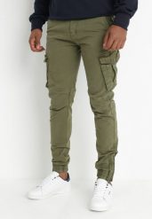 Khaki Spodnie Bojówki Neaera. Brązowe spodnie materiałowe męskie Born2be, bez wzorów, z bawełny, sportowe. Za 69.99 zł.
