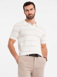 Koszulka polo męska w poziome paski z wiskozą – biało-beżowa V4 OM-POSS-0145 - XXL. Białe koszulki polo męskie Ombre Clothing, l, bez wzorów, z dzianiny, bez ramiączek. W wyprzedaży za 89.99 zł.