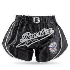 Spodenki do boksu tajskiego Booster Fight Gear Retro Slugger 3. Czarne szorty męskie BOOSTER FIGHT GEAR, bez wzorów, z satyny, retro. Za 239.50 zł.