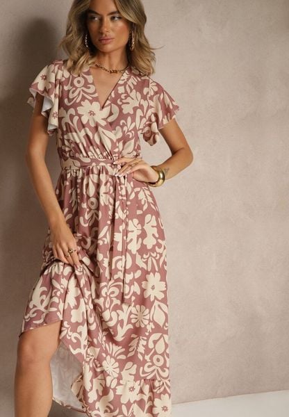 Ciemnobeżowa Rozkloszowana Sukienka w Kwiatowy Wzór z Paskiem Niloreia. Brązowe sukienki damskie Renee, na co dzień, l, bez wzorów, eleganckie, bez kołnierzyka, bez ramiączek, maxi, proste. Za 109.99 zł.