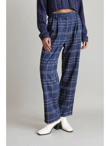 Monki Spodnie w kolorze granatowym rozmiar: 36. Niebieskie spodnie materiałowe damskie Monki, bez wzorów, z materiału, z podwyższonym stanem. Za 48.05 zł.