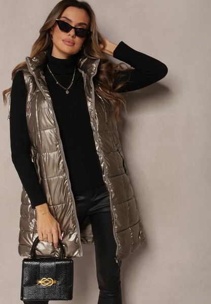 Złota Długa Kamizelka Lakierowana z Kapturem i Pikowaniem Suymea. Żółte kamizelki damskie Renee, l, z lakierowanej skóry, długie. Za 89.99 zł.