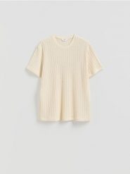 Ażurowy t-shirt comfort - złamana biel. T-shirty męskie Reserved, l, w ażurowe wzory, z bawełny, bez kołnierzyka. Za 79.99 zł.