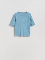 Sweter z ozdobnym splotem - jasnoturkusowy. Niebieskie swetry klasyczne damskie Reserved, l, z dzianiny, bez kołnierzyka. Za 79.99 zł.