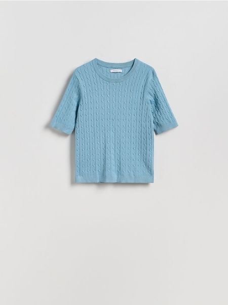 Sweter z ozdobnym splotem - jasnoturkusowy. Niebieskie swetry klasyczne damskie Reserved, l, z dzianiny, bez kołnierzyka. Za 79.99 zł.