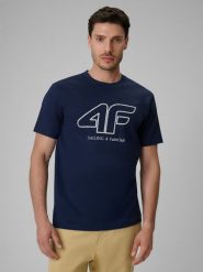 4F T-shirt regular z nadrukiem męski - granatowy L. Niebieskie t-shirty męskie 4f, l, bez wzorów, z bawełny, bez kołnierzyka. Za 69.99 zł.